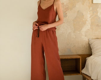 Linen cami pajama set - Terracotta pajamas - Linen pajama set - Wide leg pants linen - Sleep set - TILDA cami top and RUTH wide pants