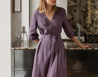 Deep V neck wrap dress - 3/4 balloon sleeves dress - Linen dress with belt and pocket - Midi length lavender linen dress - ANNA wrap dress