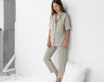 Natural linen sleepwear - Linen shirt with buttons - Linen pyjama set - Nightwear - Lounge set - ALEXIS short sleeve shirt and EVA pants