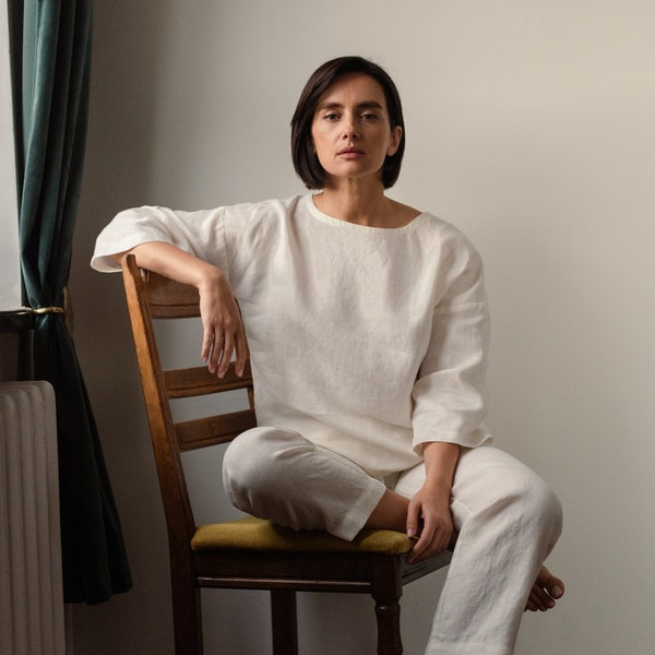 Pyjama en lin blanc - Ensemble de pyjama long pour femme - Vêtements de nuit - Pjs en lin - Loungewear - Nightwear - Haut CHLOE et pantalon EVA