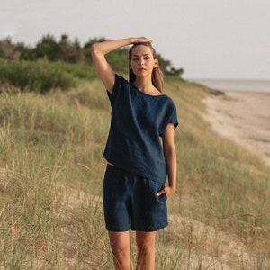 Linen pajama set women - Navy blue loungewear - Summer sleepwear - Matching customizable PJs - Two piece co-ord - AUDREY top ELLA shorts