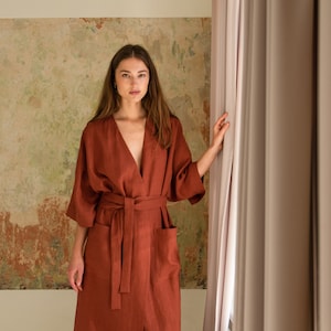 Terracotta robe - Soft linen kimono robe - Wide sleeve robe - Linen bathrobe with pockets - Oversized robe - Dressing gown - PETRA robe