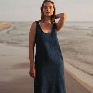 Linen summer dress Midi sleeveless dress for women Loose straight tank dress with pockets Blue beach dress UMA sleeveless dress image 1