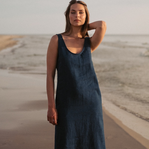 Linen summer dress - Midi sleeveless dress for women -  Loose straight tank dress with pockets - Blue beach dress - UMA sleeveless dress