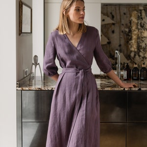 Deep V neck wrap dress - 3/4 balloon sleeves dress - Linen dress with belt and pocket - Midi length lavender linen dress - ANNA wrap dress