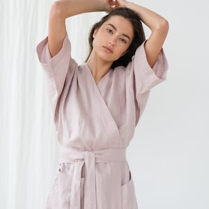 Linen robe with pocket - Oversized kimono jacket - Pink bathrobe women - Linen spa robe - Dressing gown - Linen robe dress - PETRA robe