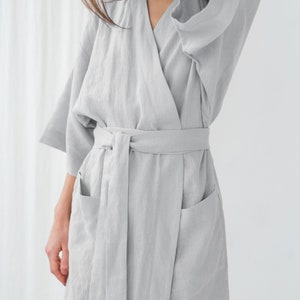 Ice grey kimono robe - Linen robe dress - Linen loungewear - Linen bath robe with pockets - Linen midi robe - Bridesmaid robes - PETRA robe