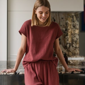 Pajamas for women - Organic cotton pajama set - Muslin sleepwear - Rouge lounge set - Gauze nightwear - AUDREY top and RUTH wide pants