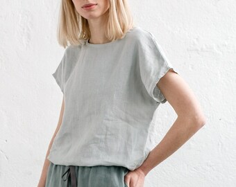 Leinentop, Leinenblusen für Frauen kurze Ärmel, Lockeres Damen Sommer T-Shirt, Lässiges Rundhals Top, Gewaschenes weiches Leinen Basic T-Shirt - audrey