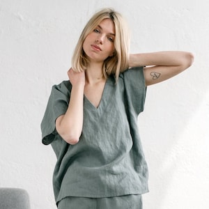 Ready to Ship - Oversized greenish grey linen v-neck top size L - Loose linen blouse - Short sleeve linen blouse for women - ELSA v neck top