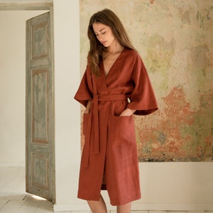 Japanese style robe Linen kimono robe Oversized terracotta robe Wide sleeve robe Linen robe women Dressing gown PETRA robe image 5