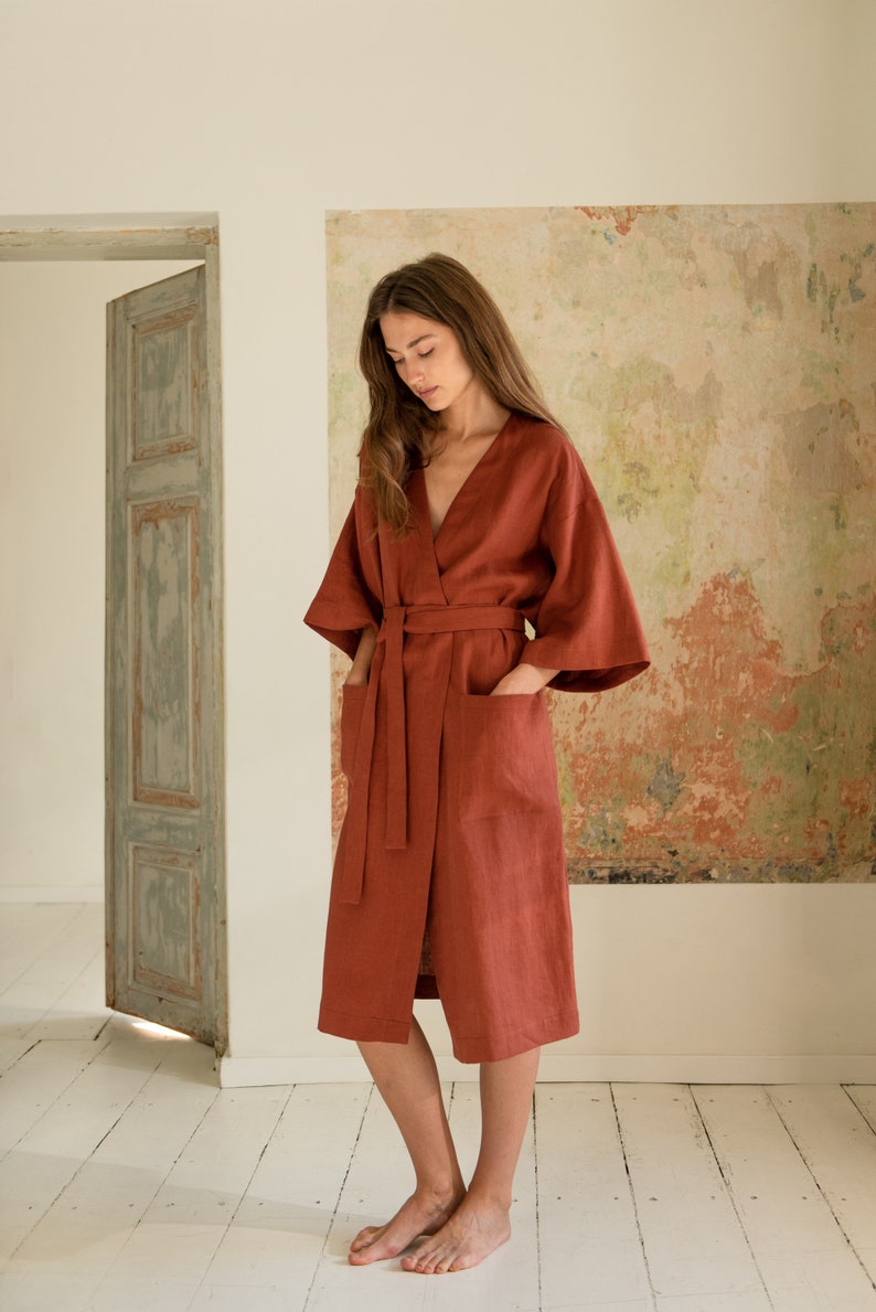 Japanese style robe Linen kimono robe Oversized terracotta robe Wide sleeve robe Linen robe women Dressing gown PETRA robe image 5