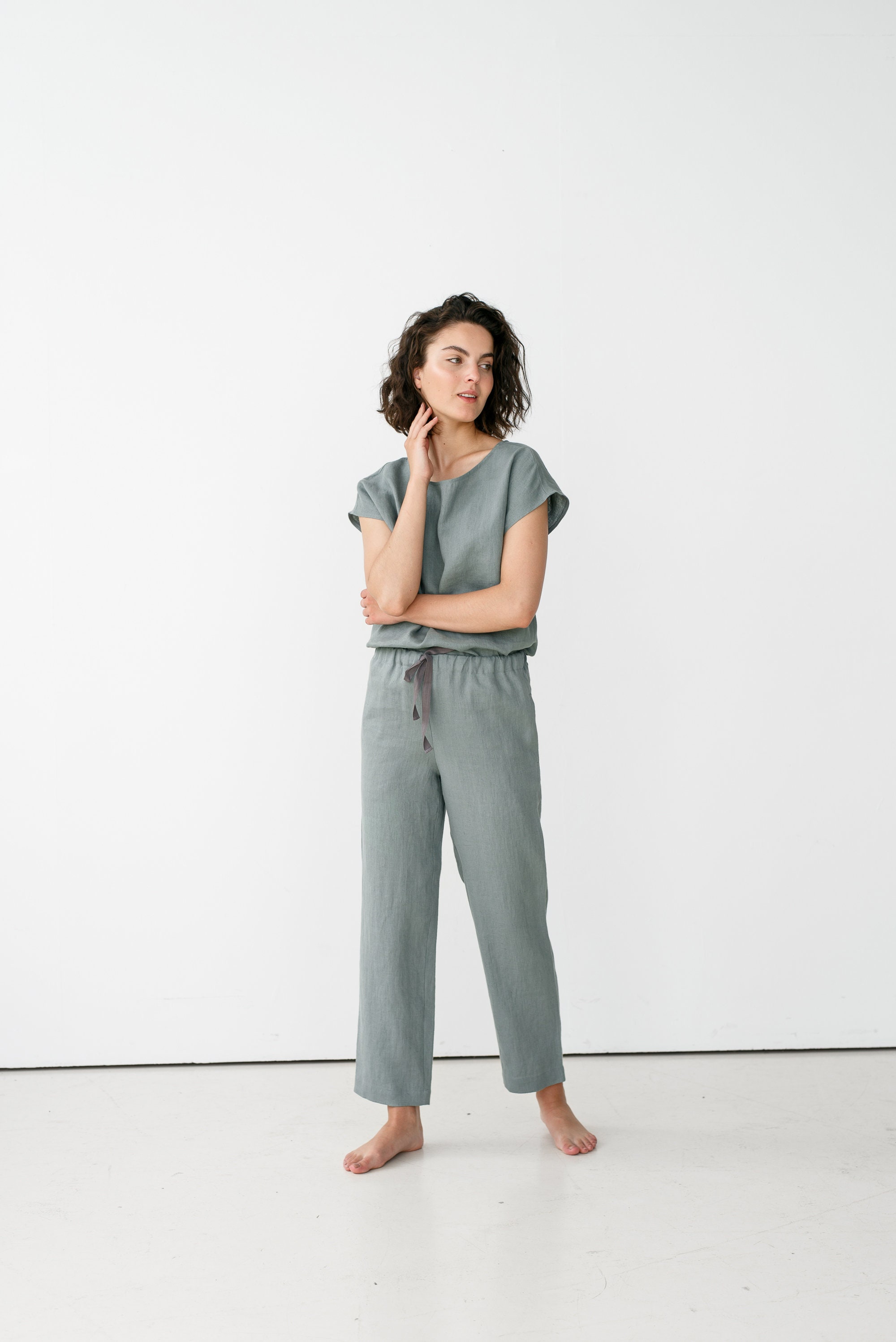 Linen sleepwear / Linen kimono top / Linen pants / Linen | Etsy