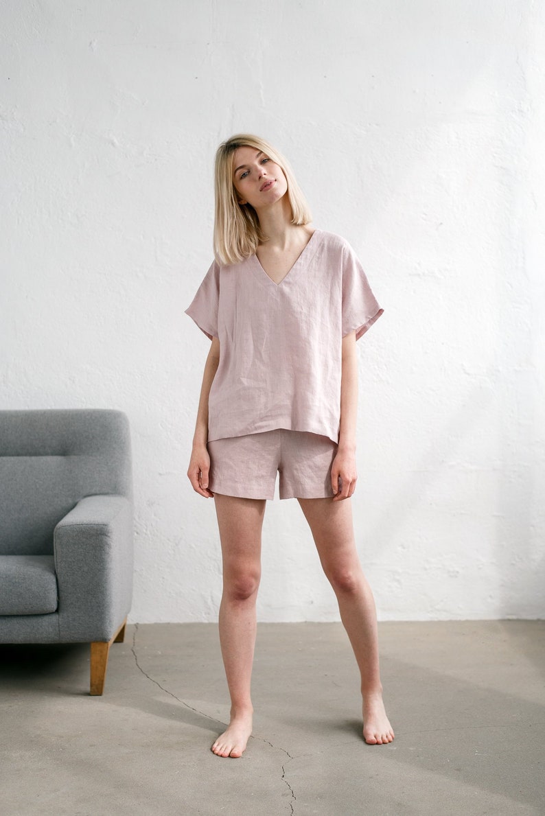Linen pajama set / Sleepwear set / Linen pyjamas/ Linen v neck Etsy
