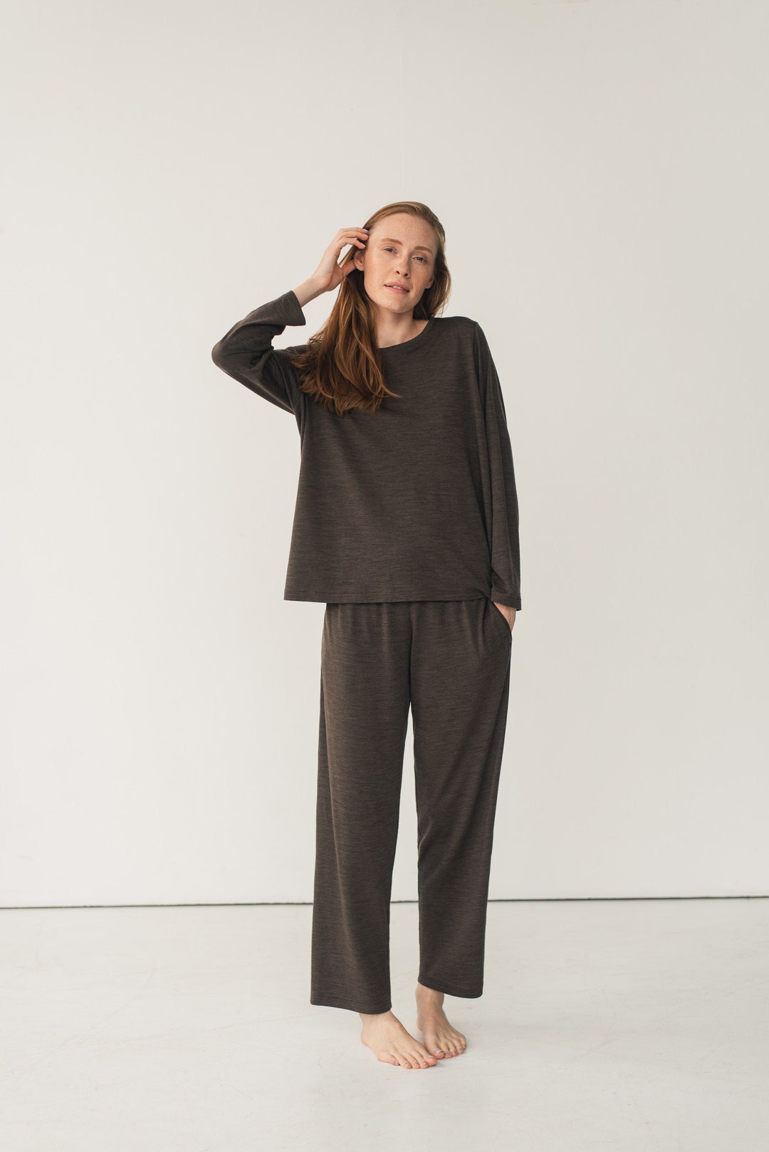 Long Merino Wool Pajama Set for Women Organic Thermal Loungewear in