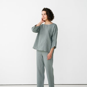 Linen pajama set / Linen sleepwear / Long sleeve pajamas / Linen kimono top/ Loose linen blouse/ Oversized linen top/CHLOE top and EVA pants image 6