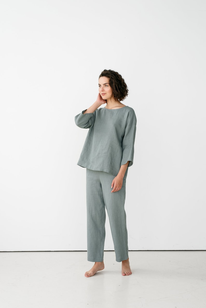 Linen pajama set / Linen sleepwear / Long sleeve pajamas / Linen kimono top/ Loose linen blouse/ Oversized linen top/CHLOE top and EVA pants image 6