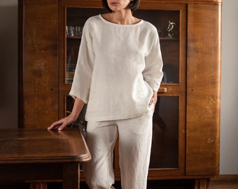 Pyjama en lin blanc Ensemble pyjama long pour femme Vêtements