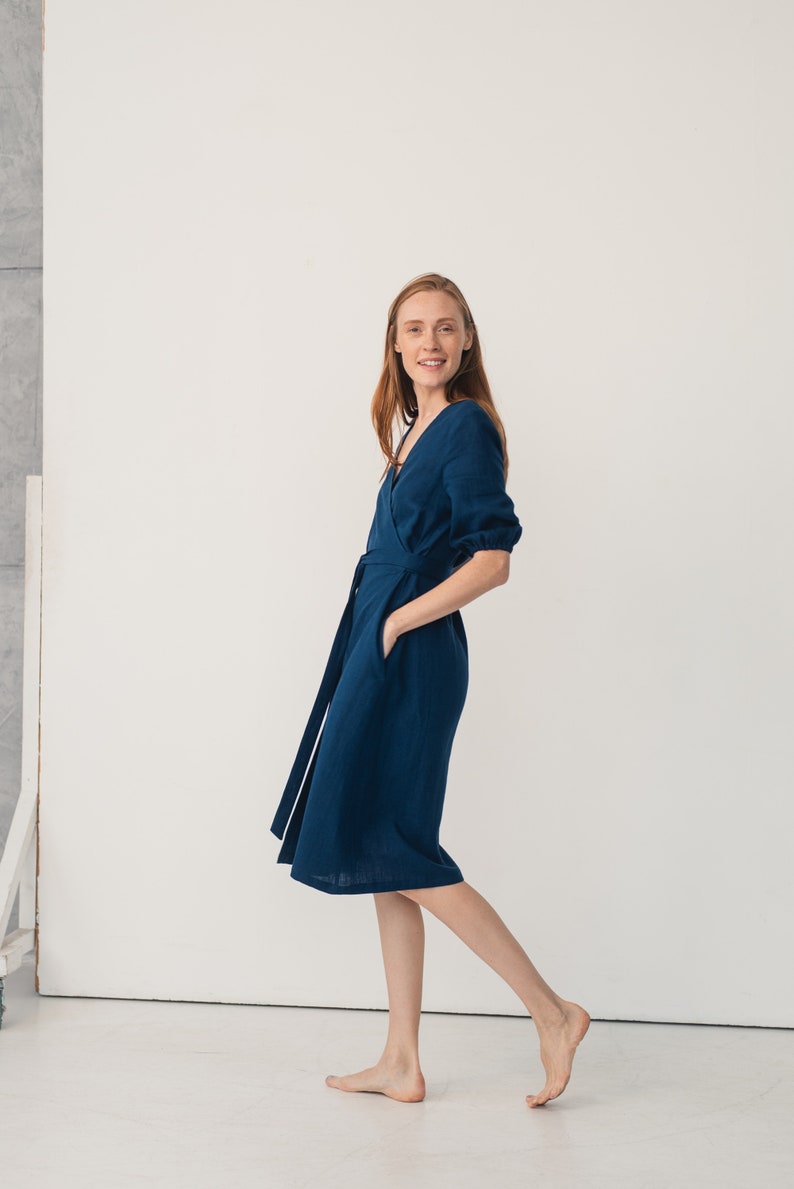 V neck linen wrap dress for women Midi navy blue dress with belt and pocket Linen summer dress ANNA wrap dress image 6