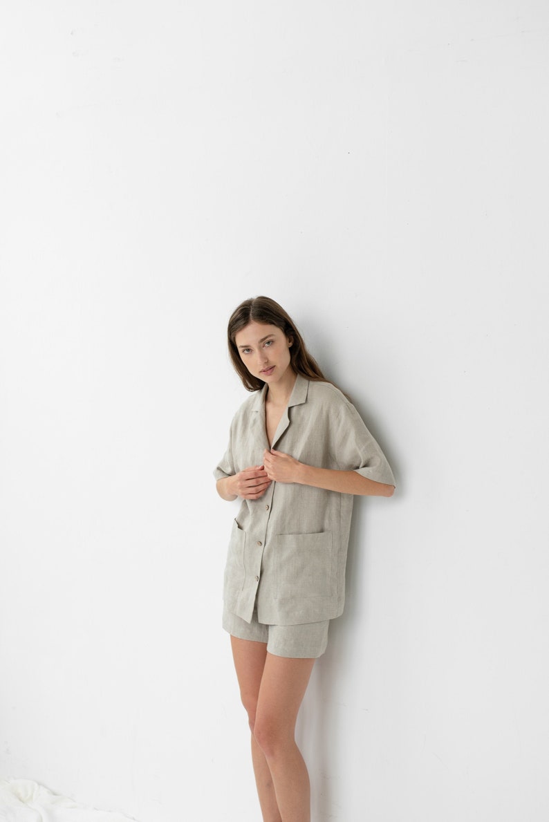 Natural pajamas Women's linen sleepwear Linen shirt with buttons Linen summer set Lounge ALEXIS short sleeve shirt and ELLA shorts image 1