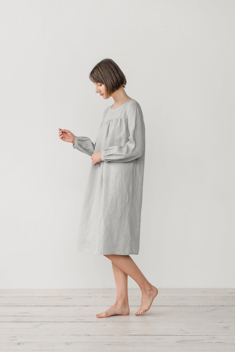 Long sleeve dress Smock linen dress Linen night dress Romantic nightgown Linen sleepwear Flowy linen dress MONA gather dress image 6