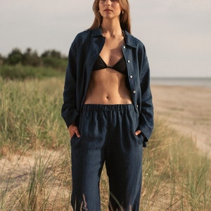 Wide leg linen pants for women Flowy mid rise trousers Sraight pants with elastic waist Navy summer bottom Linen clothing RUTH image 4