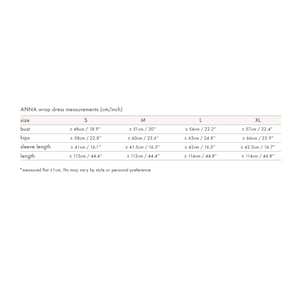 May include: A size chart for a wrap dress in sizes S, M, L, and XL. The chart shows measurements in inches and centimeters for bust, hips, sleeve length, and length. The measurements are taken flat and may vary by style or personal preference.