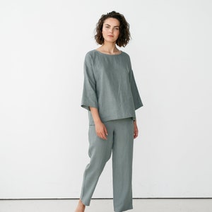 Linen pajama set / Linen sleepwear / Long sleeve pajamas / Linen kimono top/ Loose linen blouse/ Oversized linen top/CHLOE top and EVA pants imagem 3