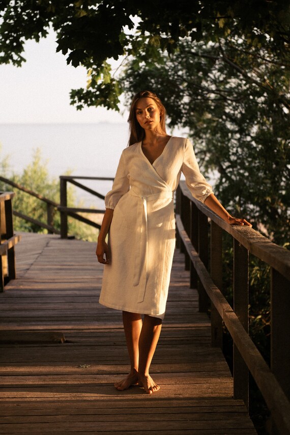 Midi Dress White Linen V Neck Dress Citrine Linen Bow Front Midi Dress ASTR  The Label
