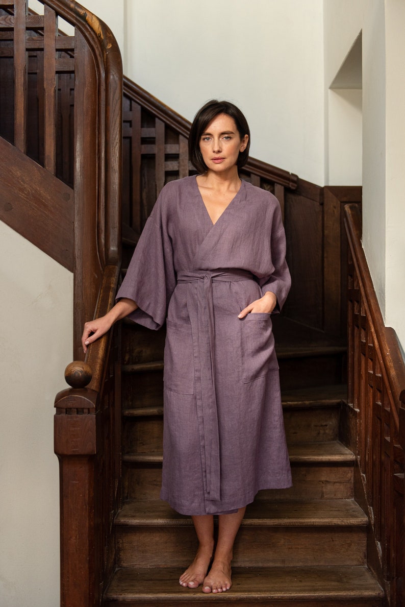 Linen kimono robe for women Lavender bathrobe with pockets Oversized wide sleeve robe Japanese style dressing gown PETRA robe image 4