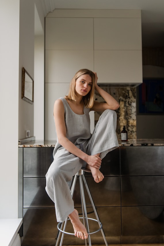 Linen Two Piece Pajama Set Ice Grey Summer Pajamas Linen Sleep Set for Women Loungewear UMA Sleeveless Top and RUTH Wide Pants Etsy