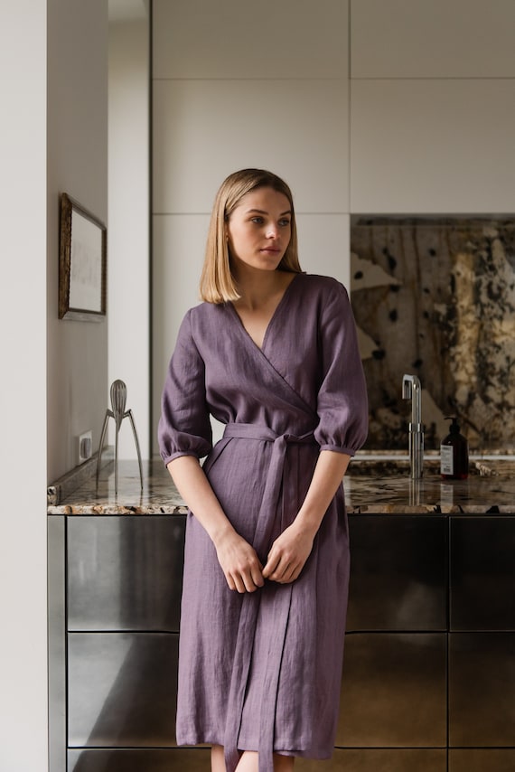 Buy Guest Dress, Summer Wrap Dress for Women, Midi Linen Dress, Ladies Dress  With Sleeves, Lavender Dress With Belt and Pocket - ANNA Wrap Dress Online  in India - Etsy