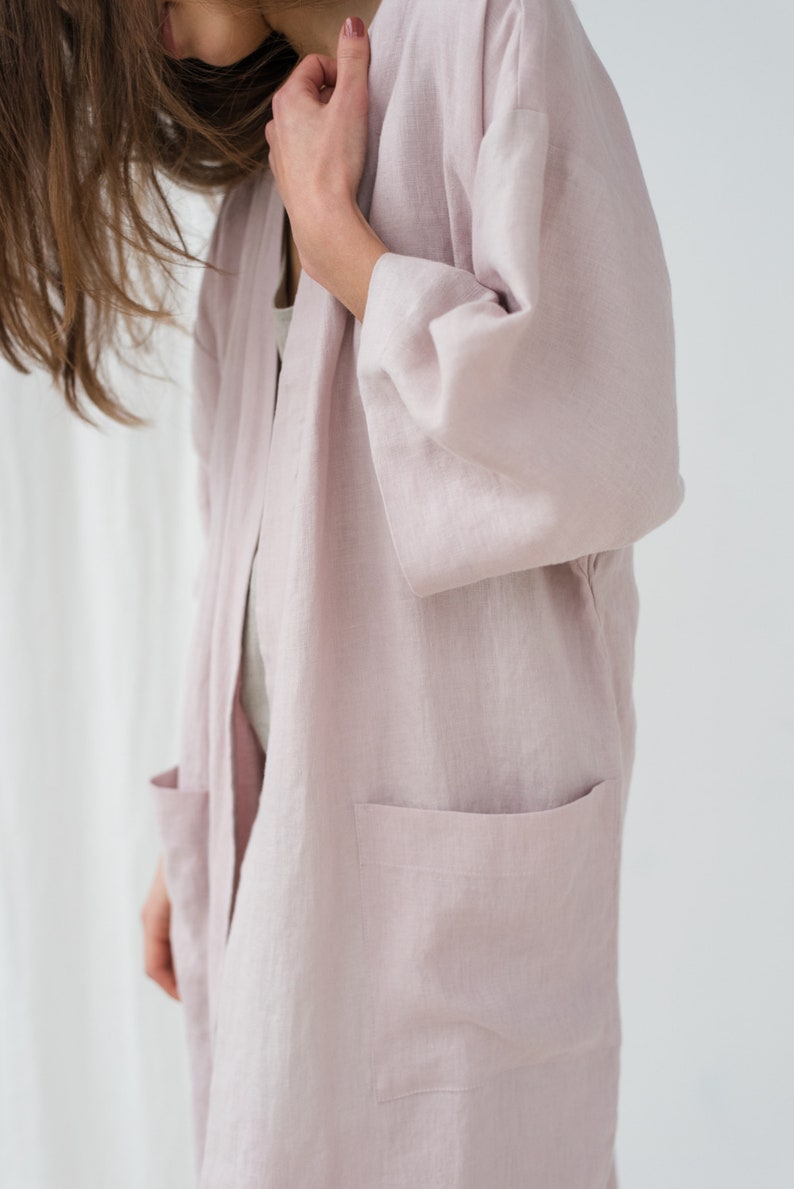 Linen robe with pocket Oversized kimono jacket Pink bathrobe women Linen spa robe Dressing gown Linen robe dress PETRA robe image 4