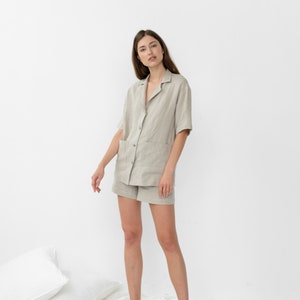 Natural pajamas Women's linen sleepwear Linen shirt with buttons Linen summer set Lounge ALEXIS short sleeve shirt and ELLA shorts image 5