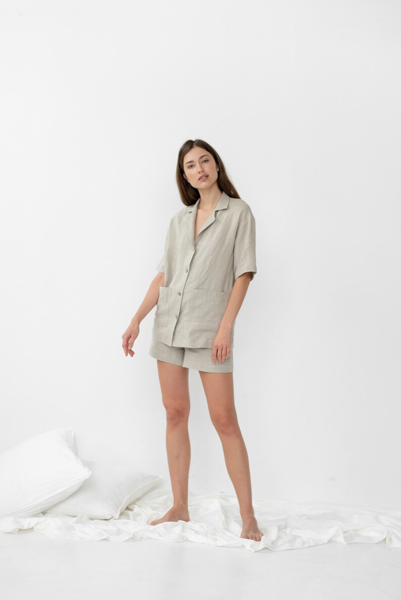 Natural pajamas Women's linen sleepwear Linen shirt with buttons Linen summer set Lounge ALEXIS short sleeve shirt and ELLA shorts image 5