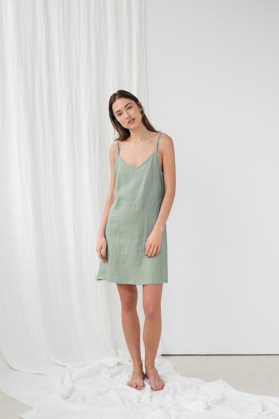 pillowandpajamas Linen Slip Dress - V Neck Linen Dress - Light Blue Dress - Linen Strap Dress - Short Linen Dress - Linen Nightgown - Tilda Cami Dress