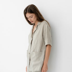 Natural pajamas Women's linen sleepwear Linen shirt with buttons Linen summer set Lounge ALEXIS short sleeve shirt and ELLA shorts image 3