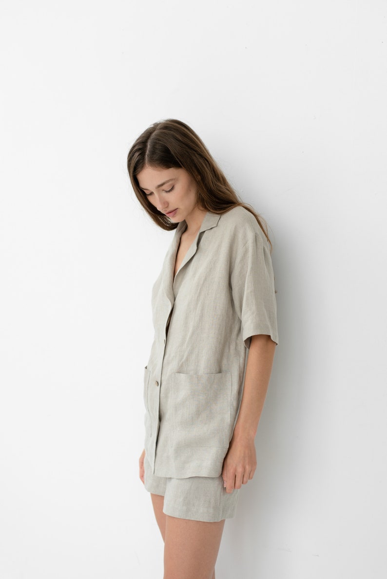 Natural pajamas Women's linen sleepwear Linen shirt with buttons Linen summer set Lounge ALEXIS short sleeve shirt and ELLA shorts image 3
