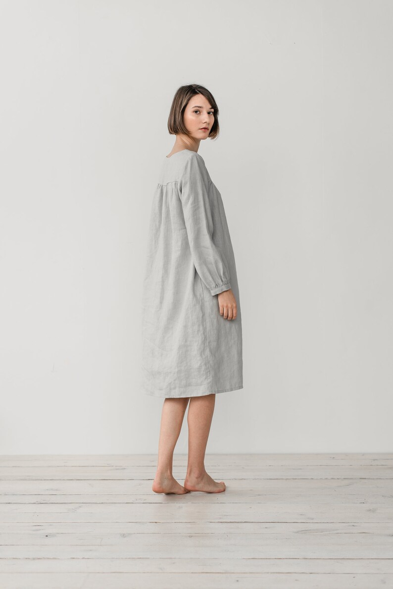 Long sleeve dress Smock linen dress Linen night dress Romantic nightgown Linen sleepwear Flowy linen dress MONA gather dress image 7