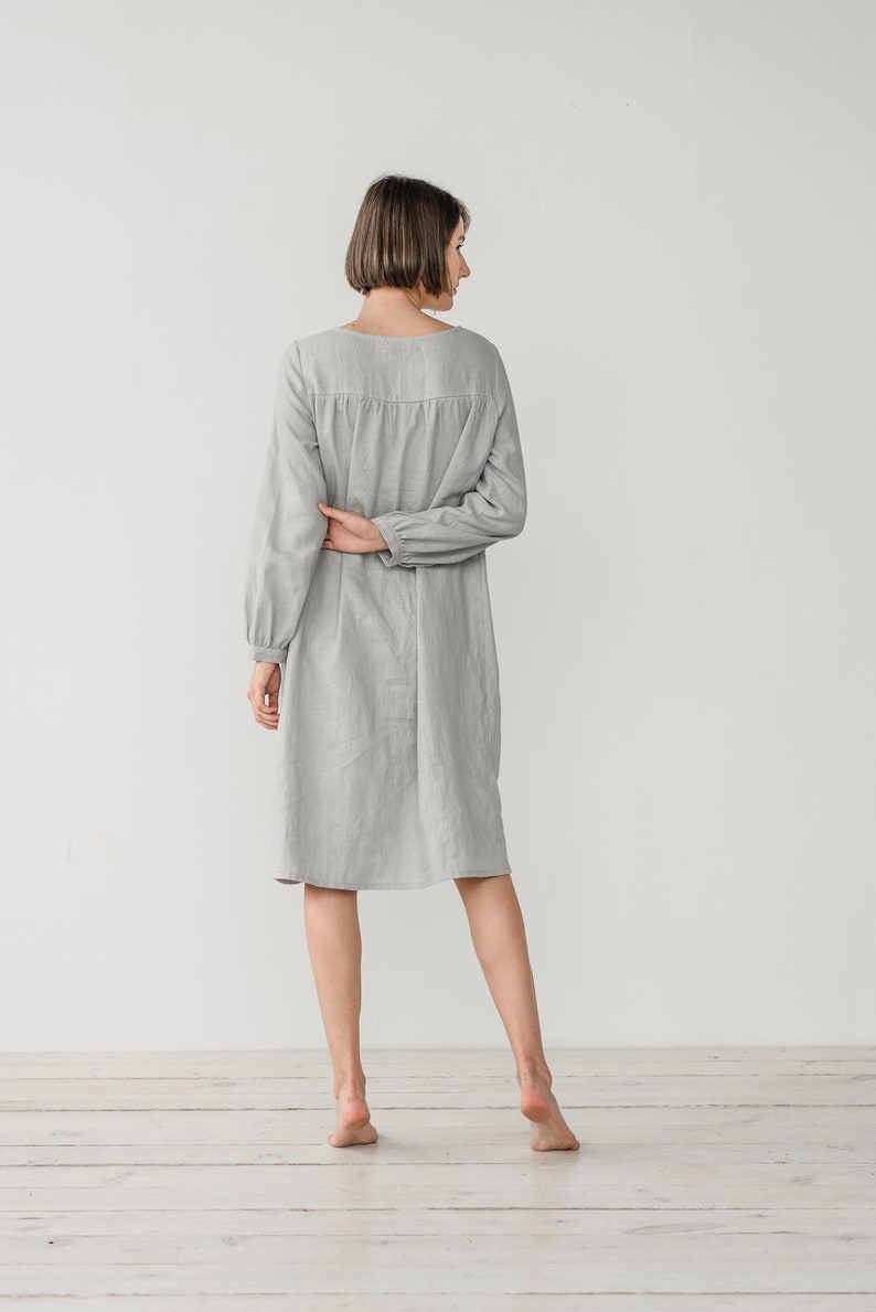 Long sleeve dress Smock linen dress Linen night dress Romantic nightgown Linen sleepwear Flowy linen dress MONA gather dress image 5