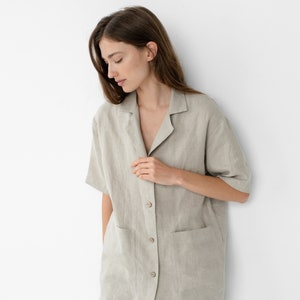 Natural pajamas Women's linen sleepwear Linen shirt with buttons Linen summer set Lounge ALEXIS short sleeve shirt and ELLA shorts image 2