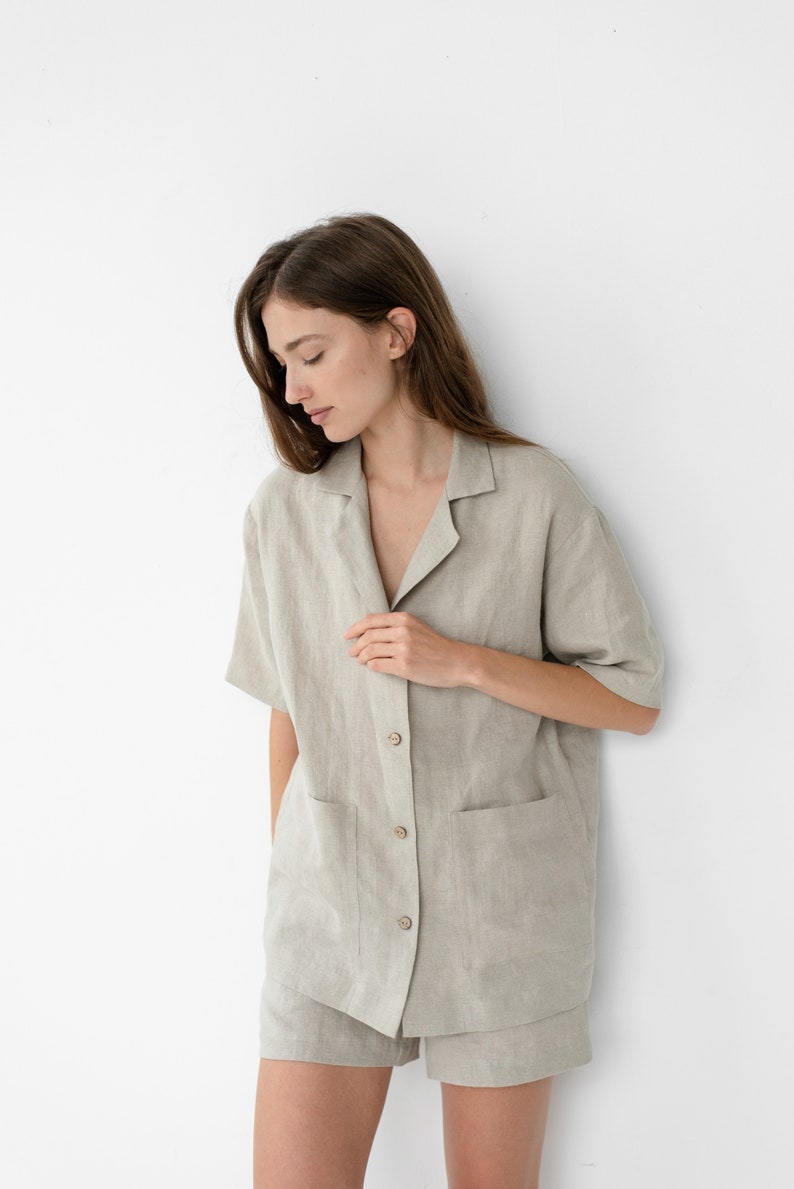 Natural pajamas Women's linen sleepwear Linen shirt with buttons Linen summer set Lounge ALEXIS short sleeve shirt and ELLA shorts image 2