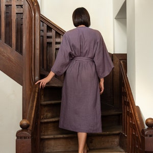 Linen kimono robe for women Lavender bathrobe with pockets Oversized wide sleeve robe Japanese style dressing gown PETRA robe image 5