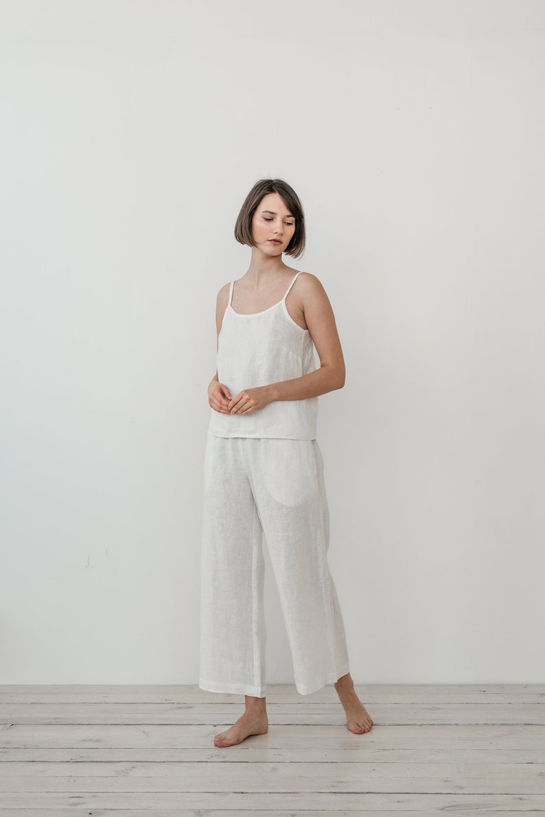 White pajama set Wide leg pants linen Linen pyjamas Linen nightwear Wedding pajamas Sleepwear ADELA cami top and RUTH wide pants