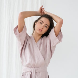 Dusty pink linen bathrobe with pocket Linen kimono robe Linen spa robe Dressing gown Linen long robe Morning gown PETRA robe image 3