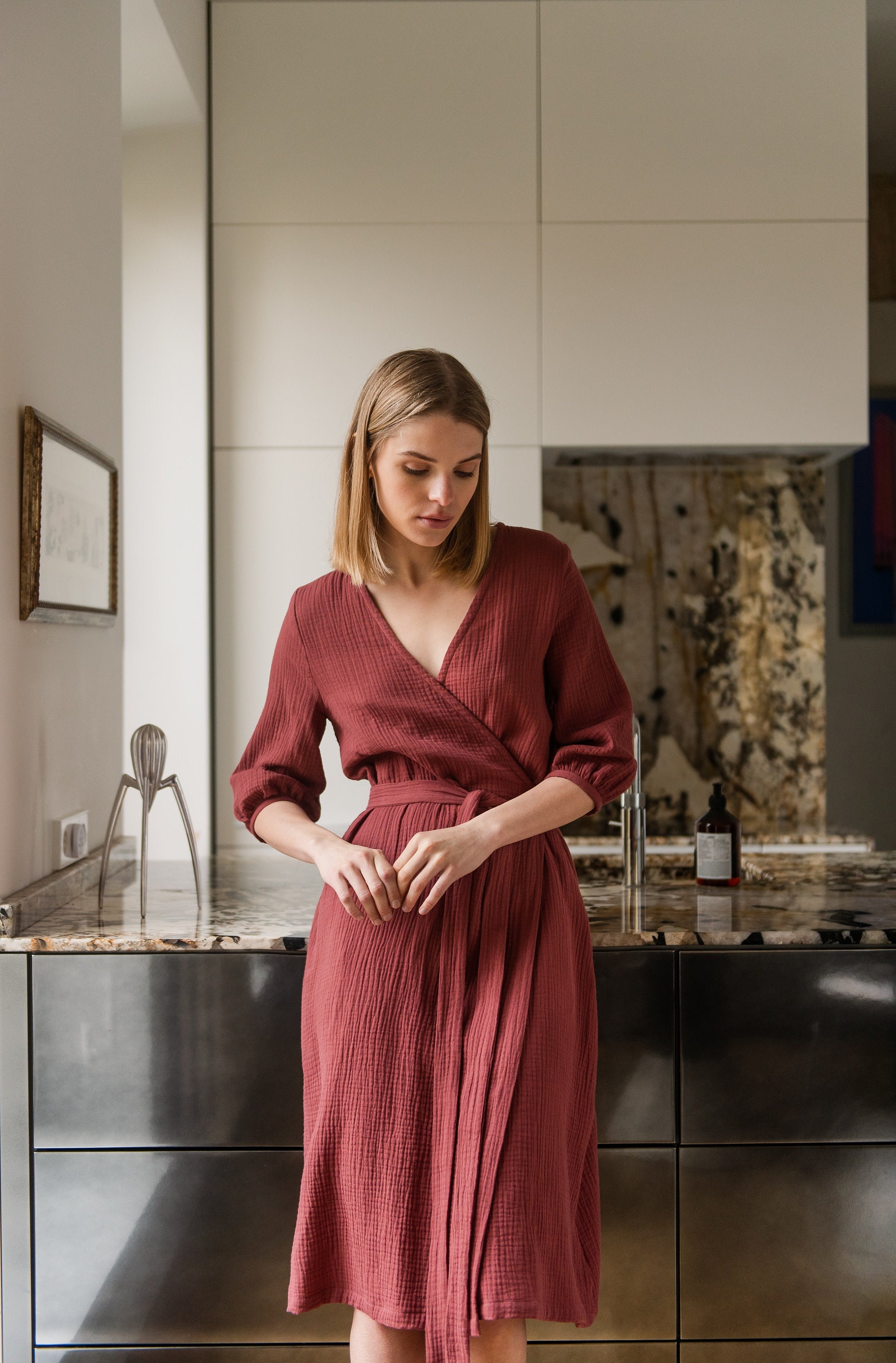 Organic Cotton Wrap Dress - Rouge V Neck Wrap Dress - Gauze Organic Cotton Wrap Dress - Rouge V Neck Wrap Dress - Gauze