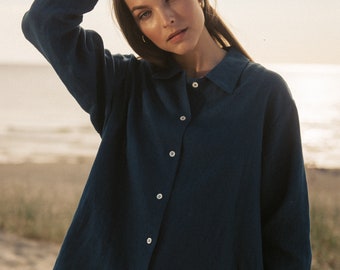 Camicia Da Donna In Lino Con Bottoni, Tinta Unita, A Maniche - Foto 3