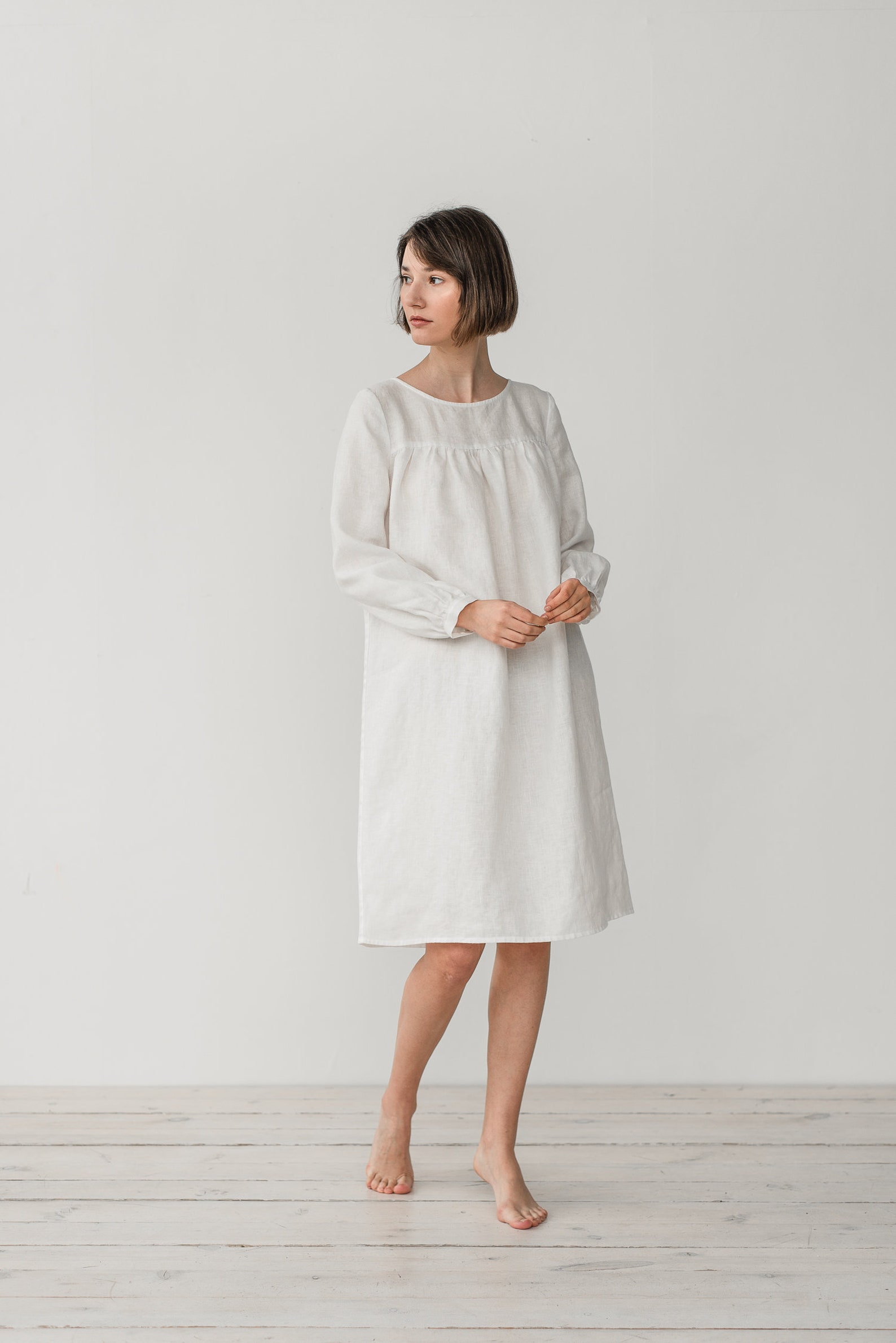 White Linen Nightgown Pure Linen Dress Long Sleeve Dress Etsy