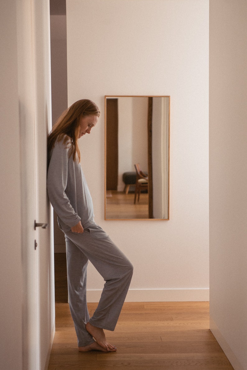 Organic merino wool loungewear Grey thermal two piece set Matching women pajamas Long pjs Sleepwear GRETA top and EVA pants image 3