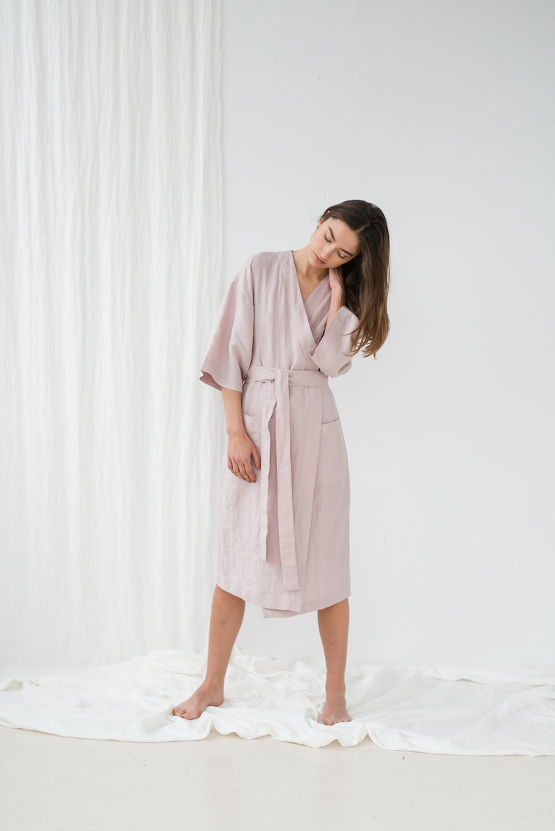 Dusty pink linen bathrobe with pocket Linen kimono robe Linen spa robe Dressing gown Linen long robe Morning gown PETRA robe image 1